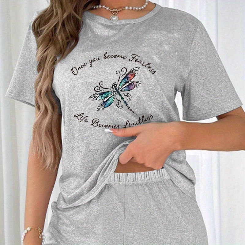 

Dragonfly & Slogan Print Pajama Set, Short Sleeve Round Neck Tee & Elastic Shorts, Women's Sleepwear