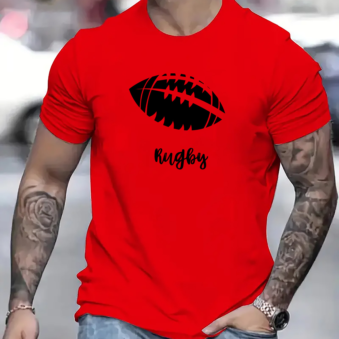 

'Rugby' T-shirts Imprimés Pour Hommes, T-shirt Décontracté À Col Rond À Manches Courtes, T-shirt Confortable Et Respirant Pour Toutes Les Saisons