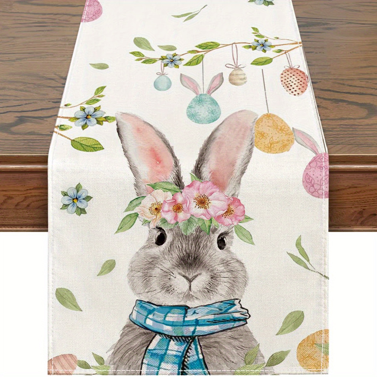 

1pc, Table Runner, Cute Bunny Eggs Floral Pattern Table Runner, Happy Easter Theme Table Runner, Seasonal Kitchen Dining Table Decoration For Indoor, Party Decor