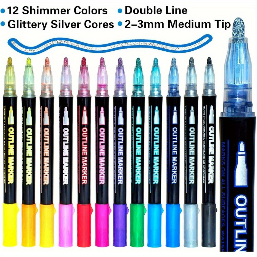 Double Line Outline Pens 12 Colors Outline Metallic Markers Glitter Outline  Pens Writing Drawing Pe