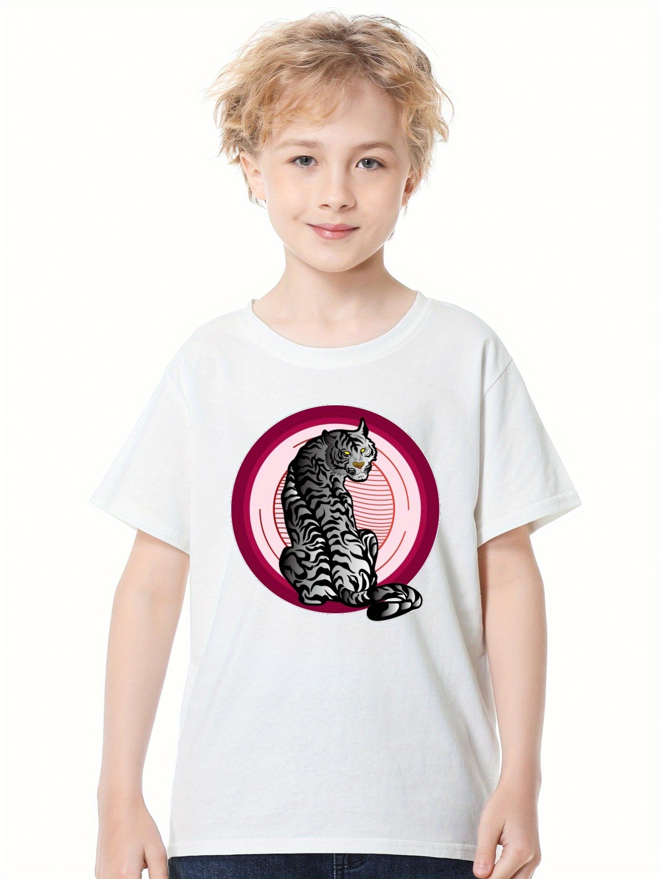 Anime White Tiger Print Boys Creative T shirt Casual - Temu