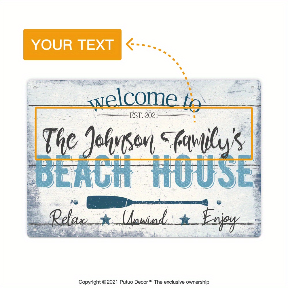 Image of [customized] Putuo Decor 1pc Custom Metal Sign, Welcome To Your Text's Beach Enjoy, Personalized Plaque Vintage Plate Wall Art Decoration For Home Farmhouse Beach House, Gifts For Friend Family