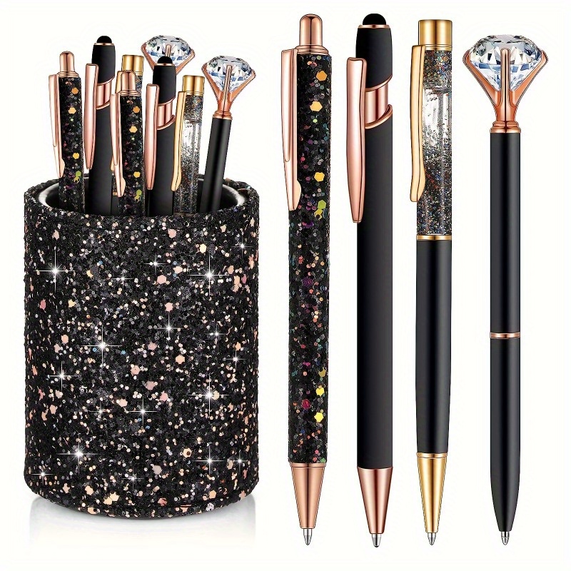 

4pcs Ballpoint Pen Desk Metal Pen Glitter Pen Holder Fancy Pen Black Ink Glitter Desk Organizer Box For Women Office School Teacher Gifts