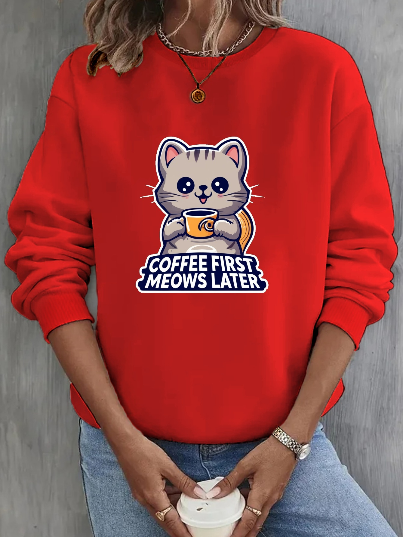 Cat Coffee First Meows Later Print Sweatshirt Crew Neck - Temu Australia