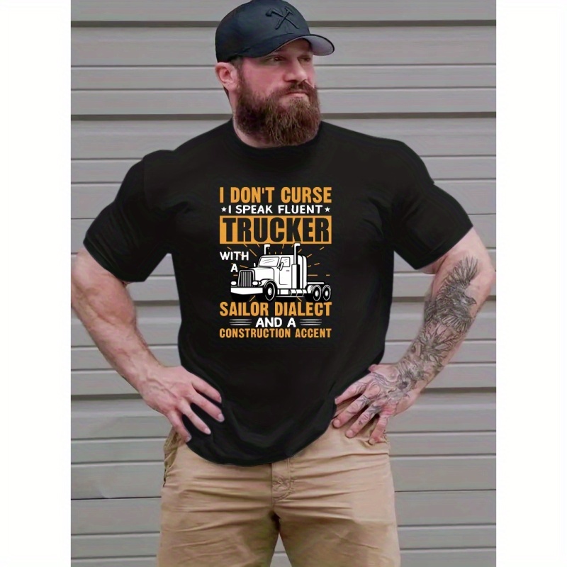 

Plus Size Fashion Comic Trucker Print Short Sleeve T-shirts For Men, Oversized Versatile Casual Tee Top For Street Summer