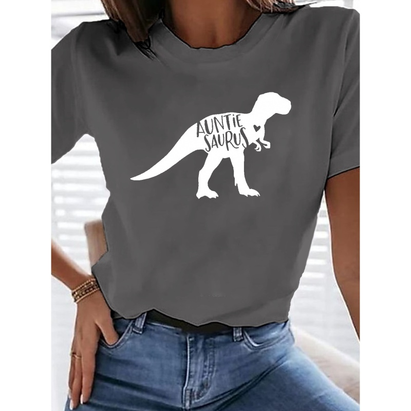 

Auntie Saurus Print T-shirt, Short Sleeve Crew Neck Casual Top For Summer & Spring, Women's Clothing