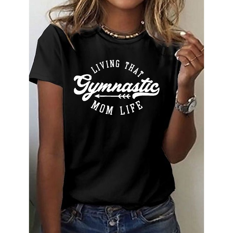 

Gymnastic Print T-shirt, Short Sleeve Crew Neck Casual Top For Summer & Spring, Women's Clothing