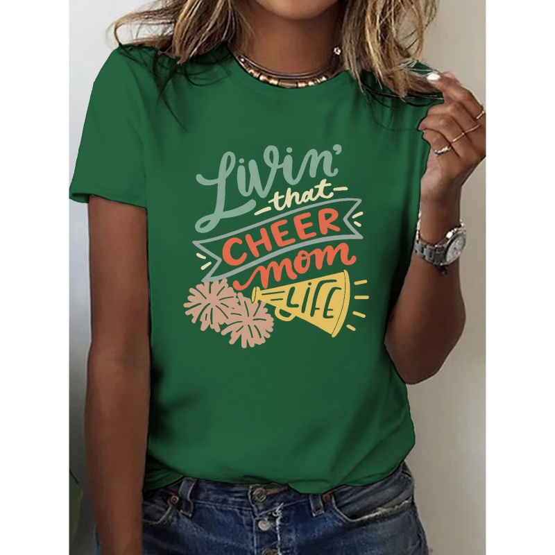 

Cheer Mom Print T-shirt, Short Sleeve Crew Neck Casual Top For Summer & Spring, Women's Clothing