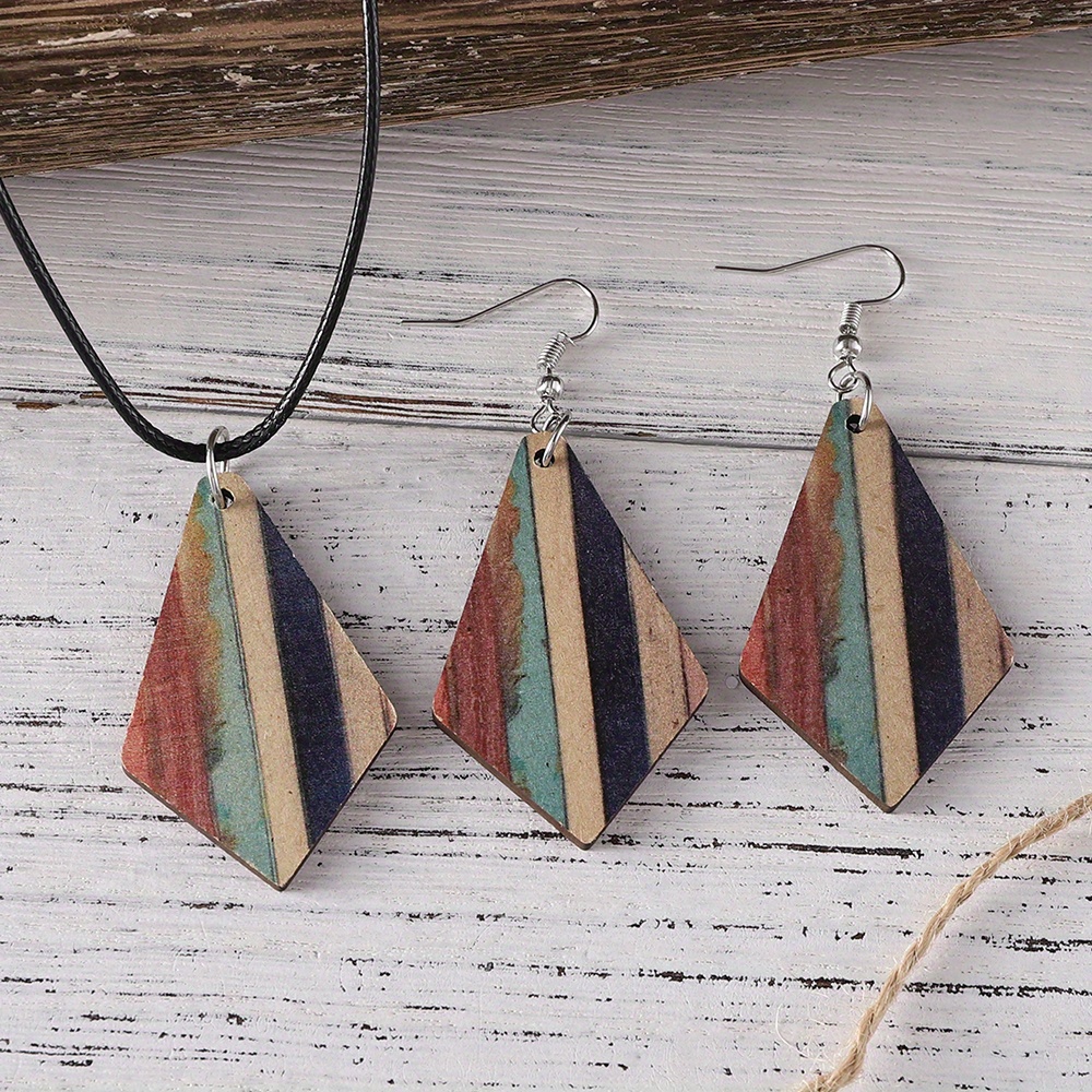 

Retro Western Ethnic Style Turquoise Stripe Geometric Pendant Wooden Double-sided Earrings Necklace Set Women's Daily Accessories Jewelry Set