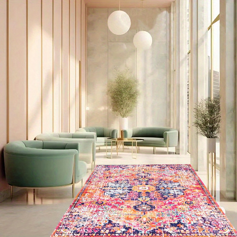

1pc Pink Distressed Vintage Pattern Rug, Decorative Living Room Soft Carpet, Machine Washable Non-slip Carpet, Hotel Coffee Shop Carpet Eid Al-adha Mubarak