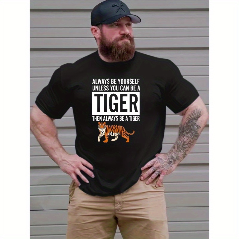 

Plus Size Men's Stylish Loose Tiger Pattern Shirt, Casual Breathable Crew Neck Short Sleeve Top For Summer Outdoor Activities, Men's Clothing