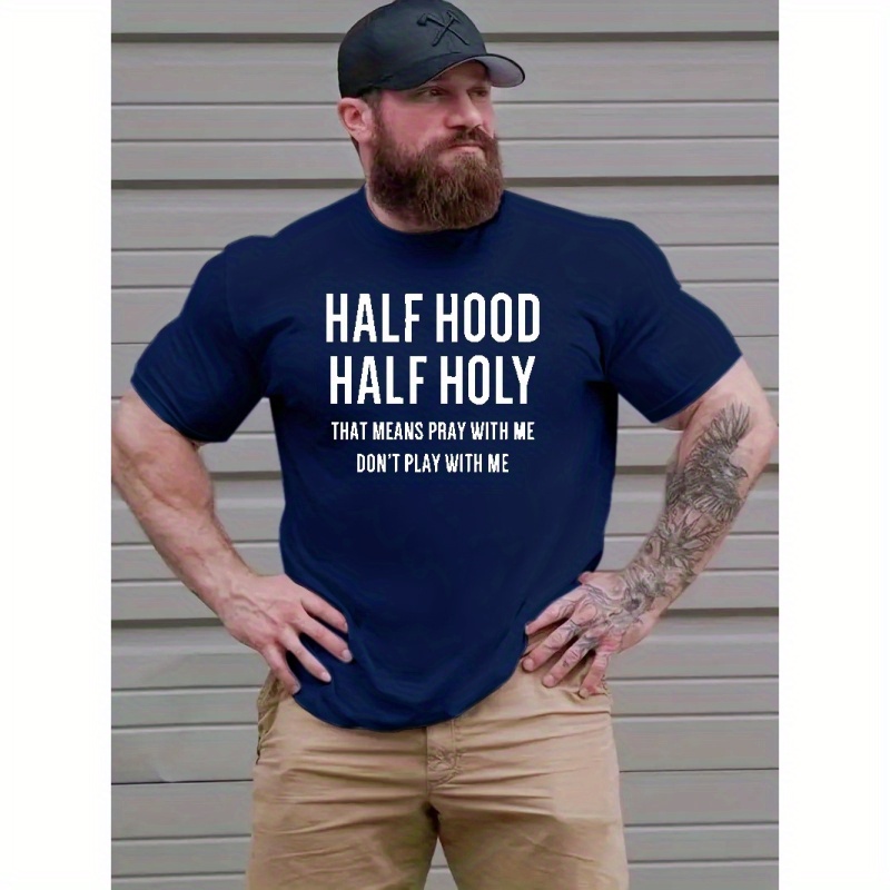 

Plus Size 'half Hood & Holy' Print Short Sleeve T-shirts For Men, Oversized Versatile Casual Tee Top For Street Summer