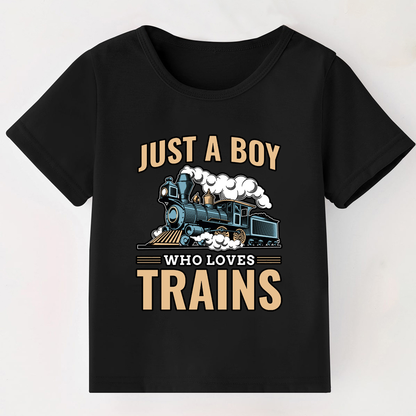 

Just A Boy Who Loves Trains Graphic Print T-shirt, Creative Short Sleeve Crew Neck Casual Daily Tops, Boy's Clothing