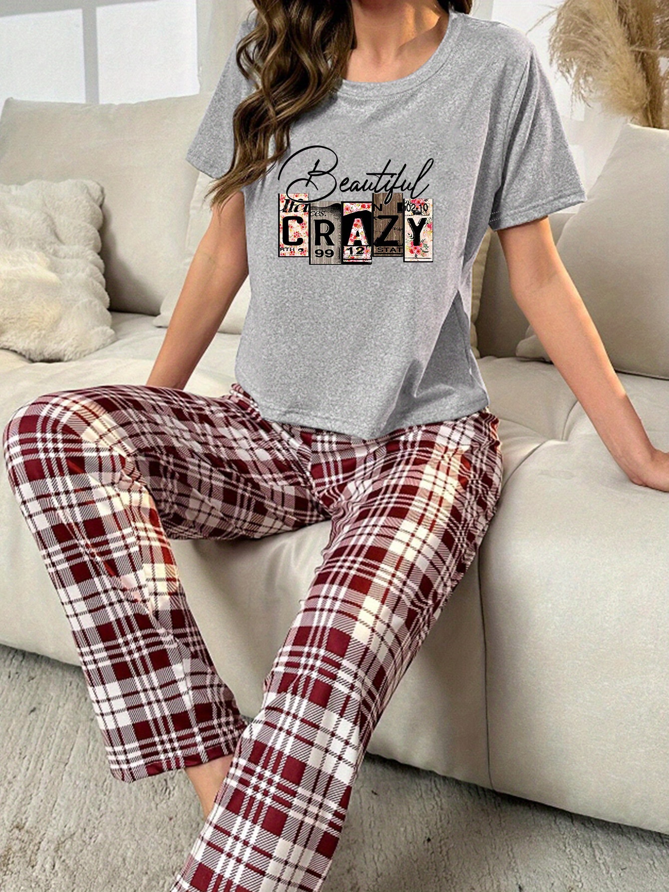 Comfy Plaid Pajama Set Long Sleeve Letter Print Top Pajama - Temu