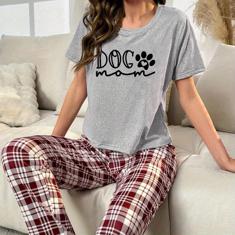 

Casual Paw & Letter Print Pajama Set, Short Sleeve Round Neck Top & Plaid Pants, Women's Sleepwear