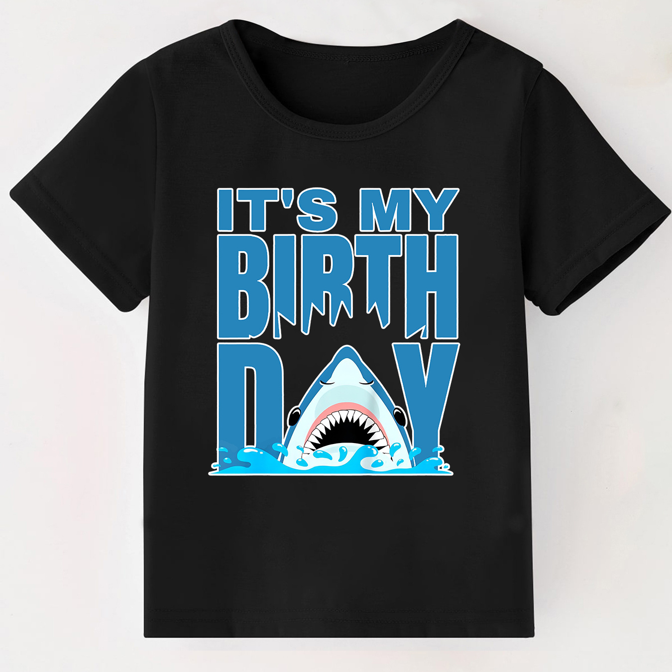 

It's My Birthday And Cartoon Shark Graphic Print T-shirt, Creative Short Sleeve Crew Neck Casual Daily Tops, Boy's Clothing