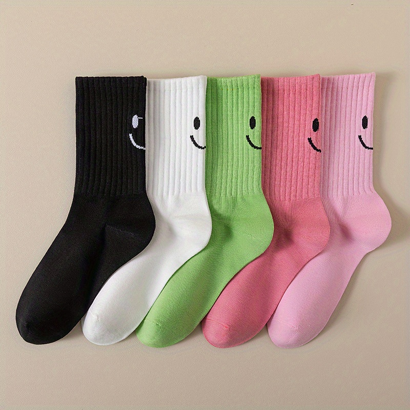 

5 Pairs Smiling Face Print Socks, Simple & Breathable Mid Tube Socks, Women's Stockings & Hosiery