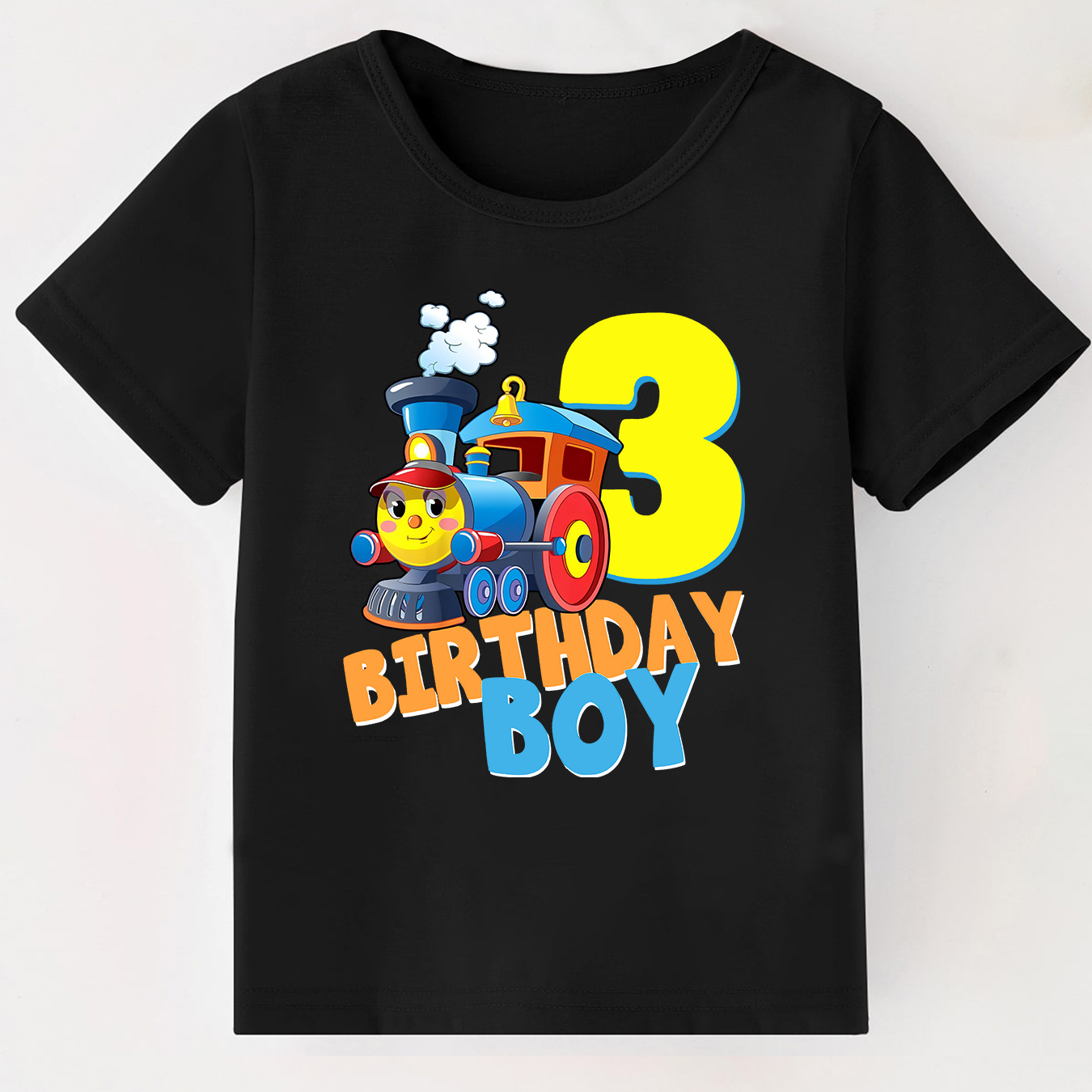 

3 Birthday Boy And Train Graphic Print T-shirt, Creative Short Sleeve Crew Neck Casual Daily Tops, Boy's Clothing