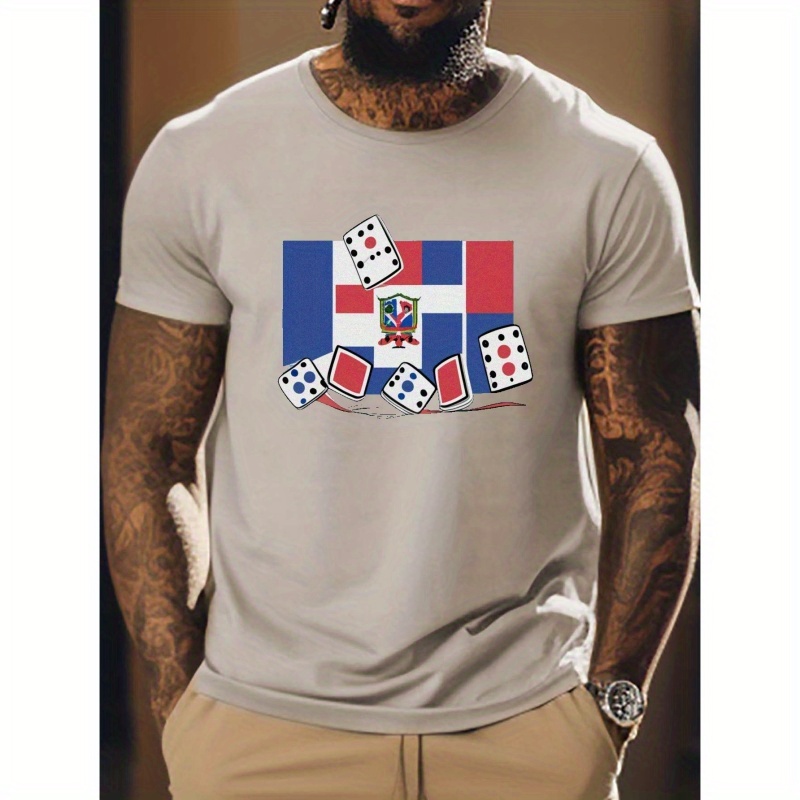 

Dominican Dominoes Print Short Sleeve Tees For Men, Casual Quick Drying Breathable T-shirt, Round Neck T-shirt For All Seasons