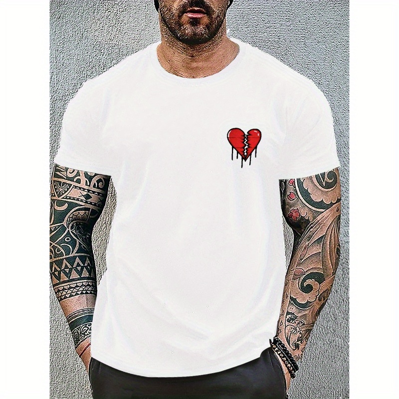 

Broken Heart Print Short Sleeve Tees For Men, Casual Quick Drying Breathable T-shirt, Round Neck T-shirt For All Seasons