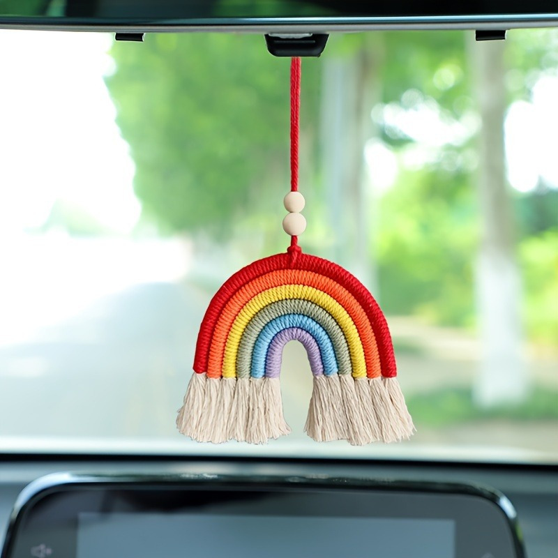 

1pc Nordic Style 6 Rainbow Color Car Hanging Car Hand-woven Decorative Pendant Children's Room Wall Hanging Crochet Handmade Diy Hanging Gift