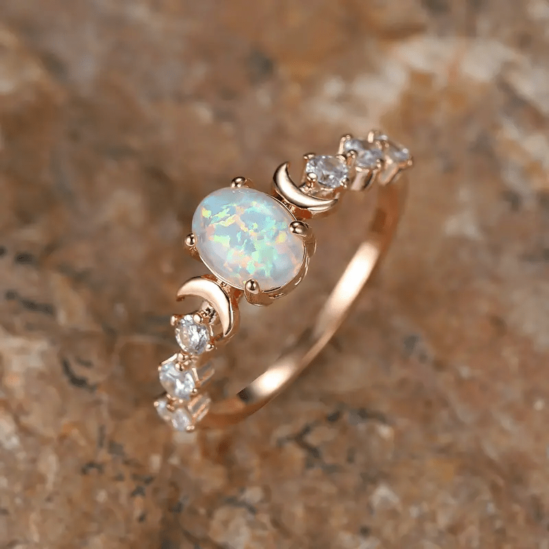 

Boho Style Promise Ring Retro Star Plated Engagement Ring, Moon Design Paved Shining Opal Zirconia Engagement Wedding Ring Banquet Party Decor Gift For Female