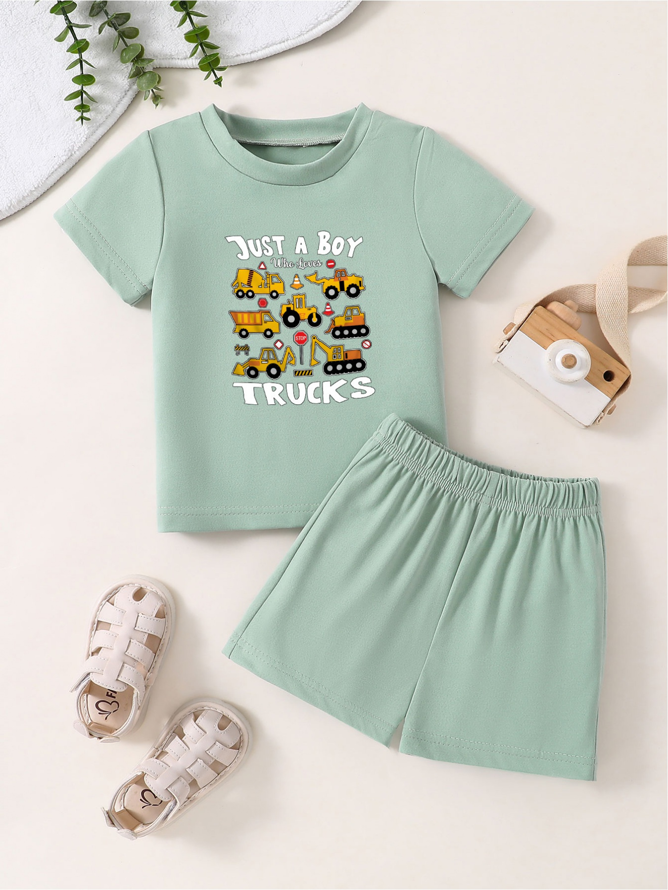 LuLu BeBe Toddler Boys Blue Shorts with Smocked Pumpkin Trucks Shirt main image 1
