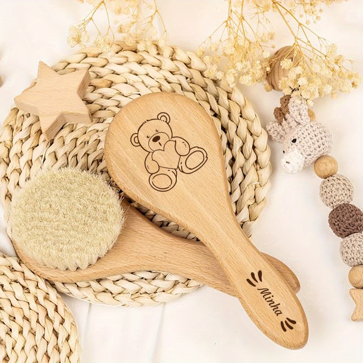 Personalized Little Bear Wooden Hairbrush - Laser Engraved Baby Shower Gift, Keepsake, Hair Bristles, Natural Handle, Cute Teddy , Newborns &