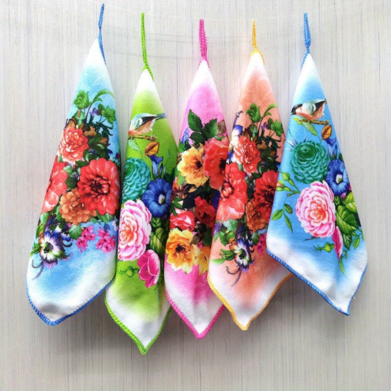 

5pcs Festive Printed Square Towel, Dish Towel, Hand Towel, Hand Silk Lace 25cm/9.84in*25cm/9.84in, Absorbent Hand Towel Cleaning Cloth