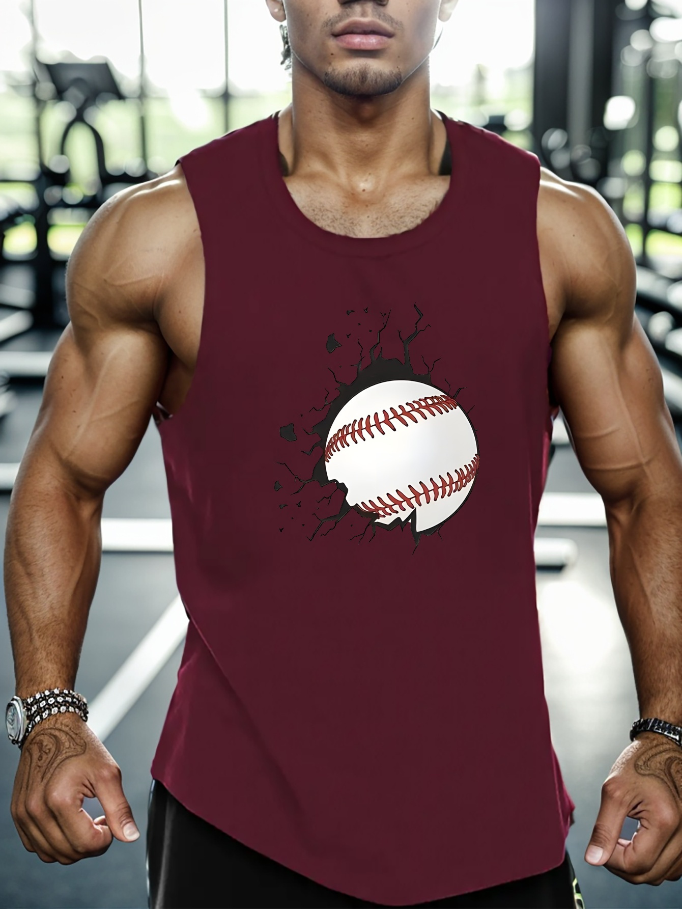 Un hombre en una camiseta sin mangas con la palabra gimnasio.