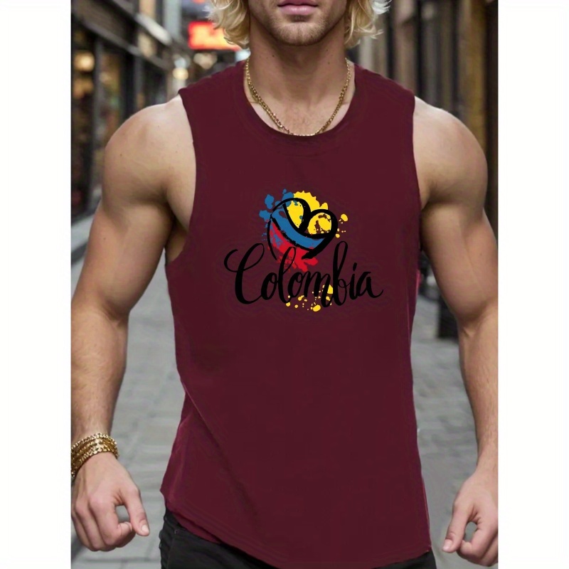 

Colombia Print Sleeveless Tank Top, Men's Active Undershirts For Workout At The Gym