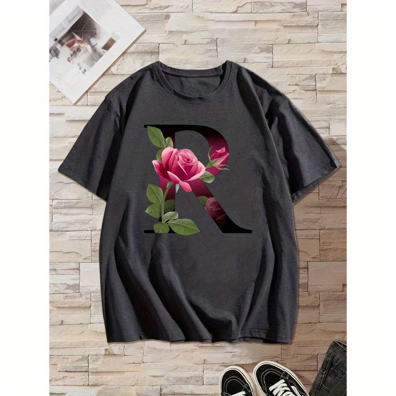 

Rose And Letter R Print T Shirt, Tees For Men, Casual Short Sleeve T-shirt For Summer