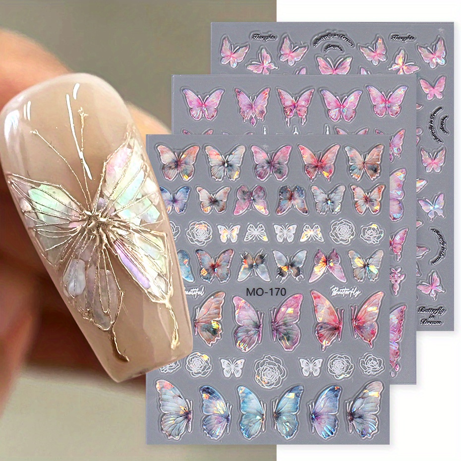 

3 Sheet 5d Embossed Holographic Butterfly Design Nail Art Stickers, Nail Art Decals For Nail Art Decoration, Self Adhesive Nail Art Supplies For Women And Girls