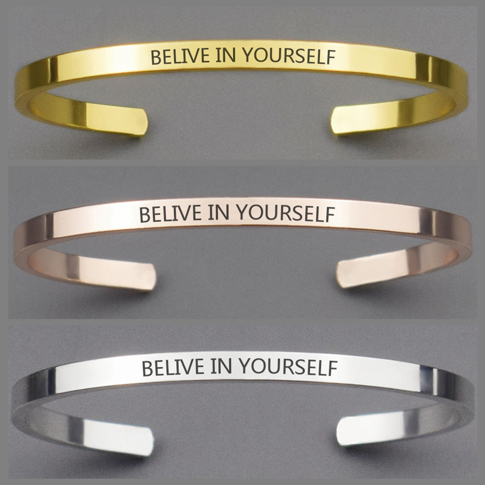

1pc "belive In Yourself" Letters Decor Cuff Bangle, Stainless Steel Inspirational Quotes Engraved Text Bracelet For Men And Women