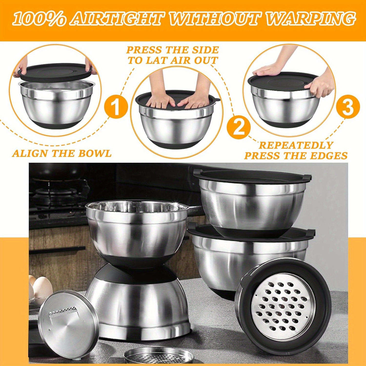 26pcs stainless steel mixing bowl set with lids grater rust resistant non slip bottoms for   and storage details 2