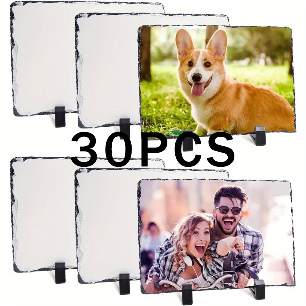 Image of Dofiki 30 Pack Sublimation Slate Blanks 15x20cm Stone Slate Picture Frame Heat Transfer Rock Photo Plaque 6x8 Inch With Display Stand Decoration For Desktop Souvenir Gift
