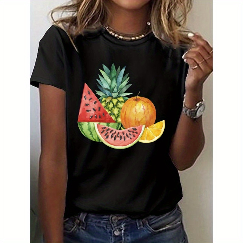 

Fruit Print Crew Neck T-shirt, Casual Short Sleeve T-shirt For Spring & Summer, Women's Clothing