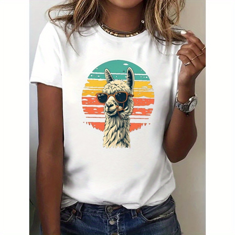 

Alpaca Wear Sunglasses Print T-shirt, Short Sleeve Crew Neck Casual Top For Summer & Spring, Women's Clothing