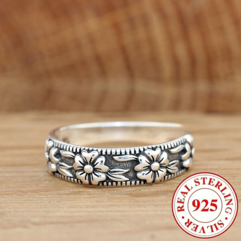 925 Pure Silvery Vintage Floral Leaf Women's Ring