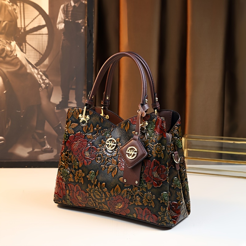 vintage flower pattern handbag luxury pu leather tote bag fashion crossbody bag for women details 6