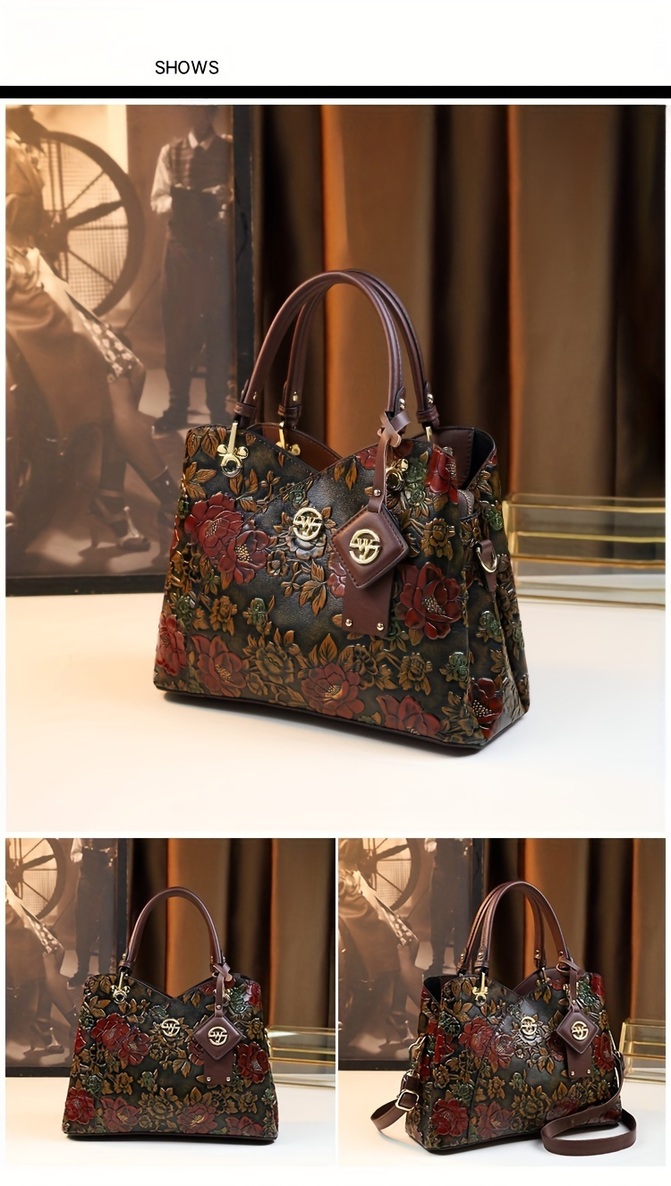 vintage flower pattern handbag luxury pu leather tote bag fashion crossbody bag for women details 0