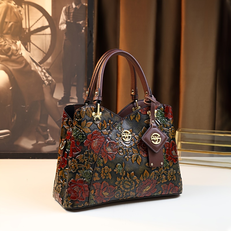 vintage flower pattern handbag luxury pu leather tote bag fashion crossbody bag for women details 3