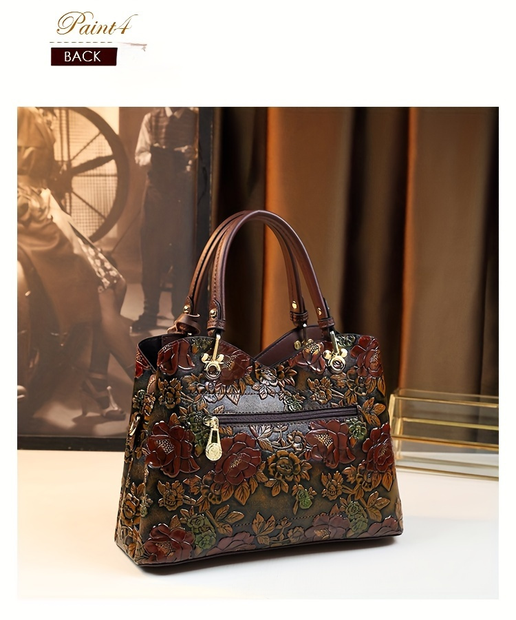 vintage flower pattern handbag luxury pu leather tote bag fashion crossbody bag for women details 7