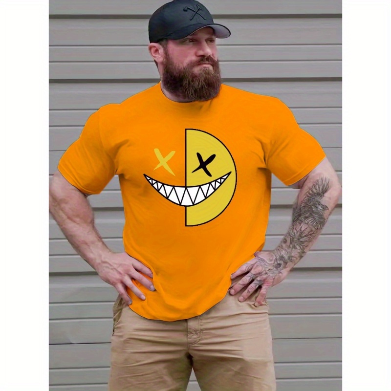 

Plus Size Men's Smiling Face Graphic Print T-shirt, Casual Comfy Crew Neck Short Sleeve Tee For Summer Outdoor, Men's Clothing