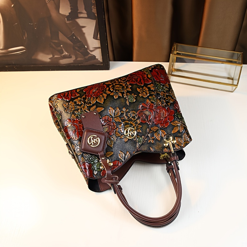 vintage floral handbag wo adjustable strap zipper closure - Temu