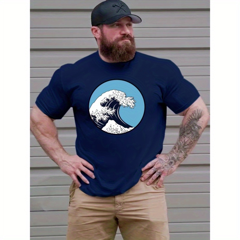 

Plus Size, Waves Print T Shirt, Tees For Men, Casual Short Sleeve T-shirt For Summer