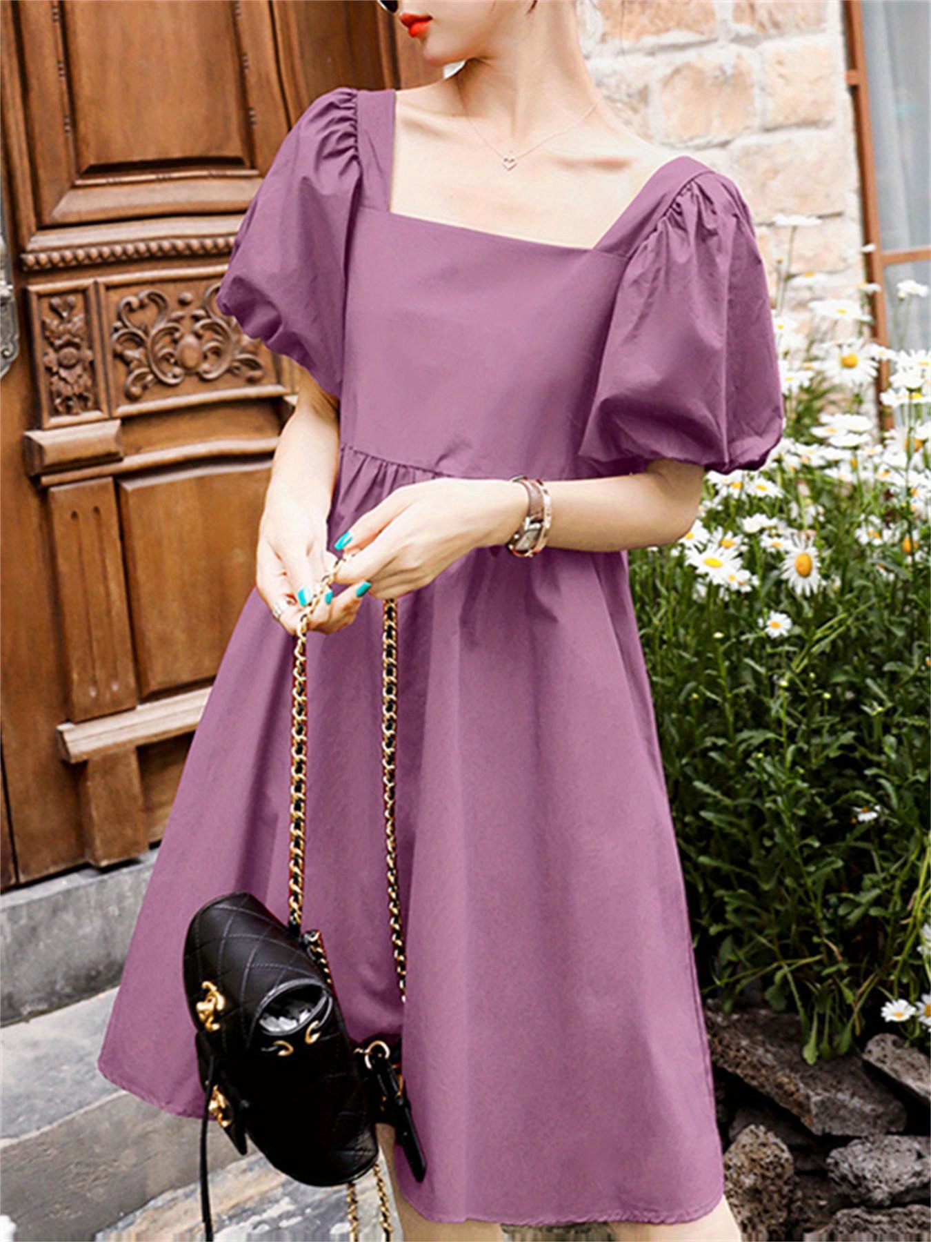 womens dress casual puff sleeve square neck plain korean fashion purple  dress for women