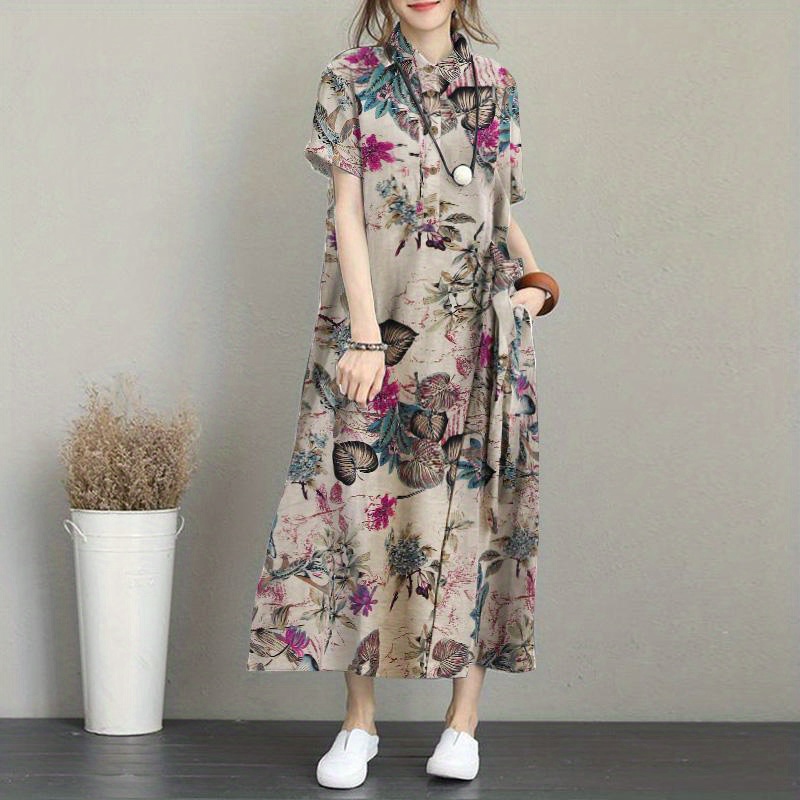 

Floral Print Button Front Dress, Vintage Short Sleeve Dress For Spring & Summer, Women's Clothing