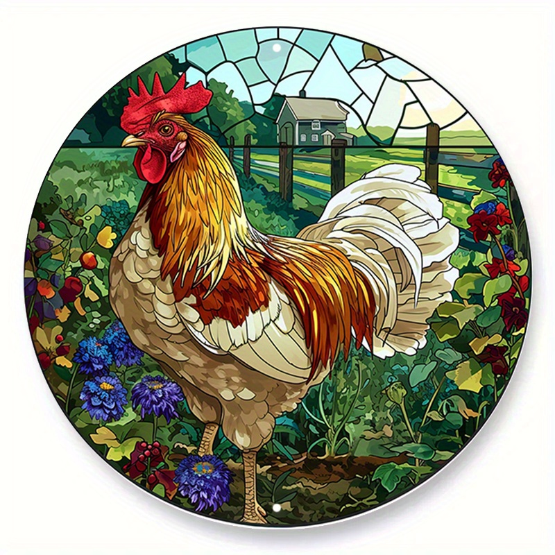 

1pc 20x20cm/8x8in Rooster Round Metal Aluminum Sign, Faux Stained Glass Wreath Sign, Round Wreath Sign, Decorative Wall Sign, For Home Bedroom Restaurant Cafe Bathroom Garage Wall Decor