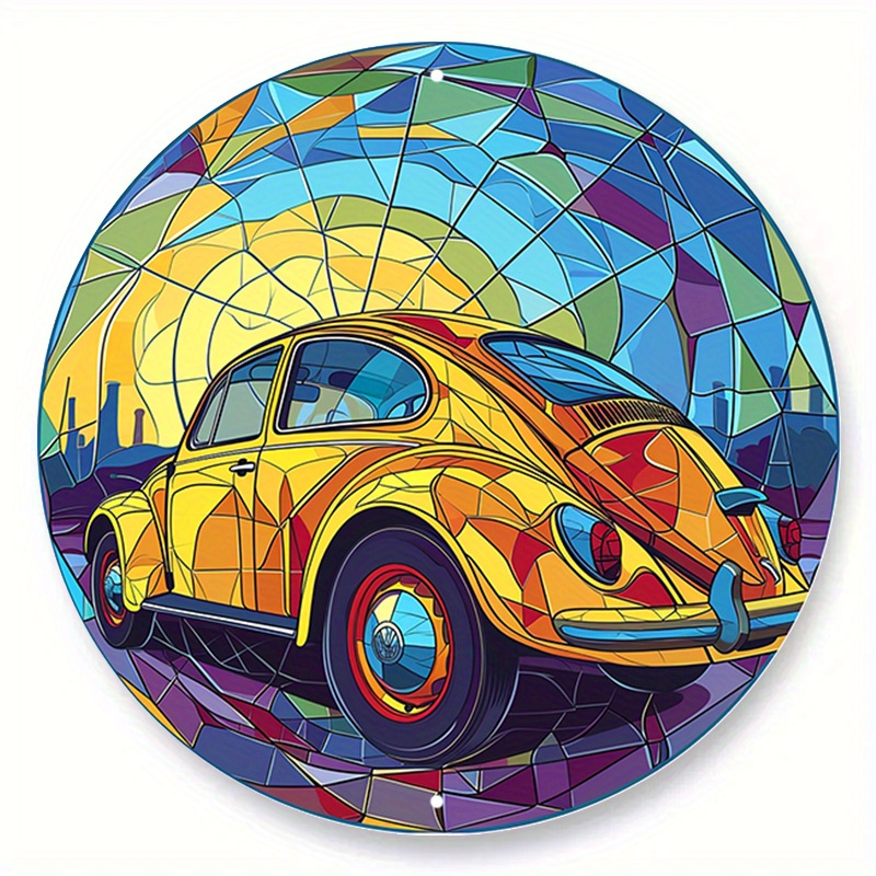 

1pc 20x20cm/8x8in Yellow Vintage Car Round Metal Aluminum Sign, Faux Stained Glass Wreath Sign, Round Wreath Sign, Decorative Wall Sign, For Home Bedroom Restaurant Cafe Bathroom Garage Wall Decor